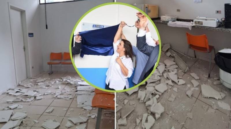Inaugurado por Adriane há 6 meses, teto de posto de saúde não resiste a chuvas e cai